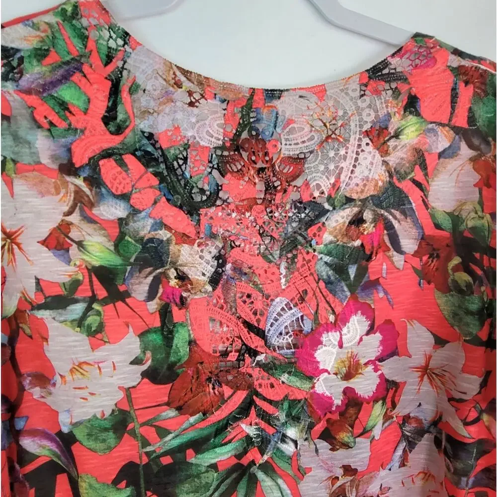 2/$15 Time and Tru Coral Floral Watercolor Sublimation Print Top XXL Lace Back